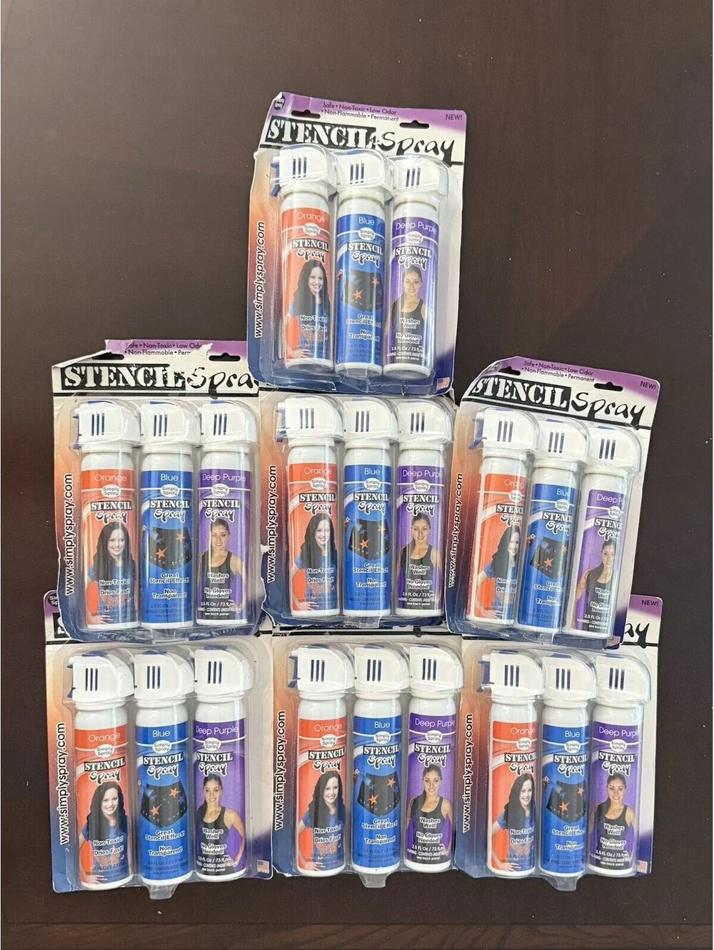 (7)  Simply Spray Fabric Stencil Spray Paint NOS Orange Blue Deep Purple